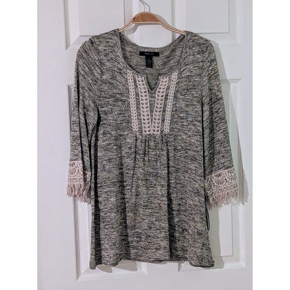 Style & Co. Small Stone Wall Marl Knit Top Crochet Trim Tunic Blouse Macy's‎ NWT